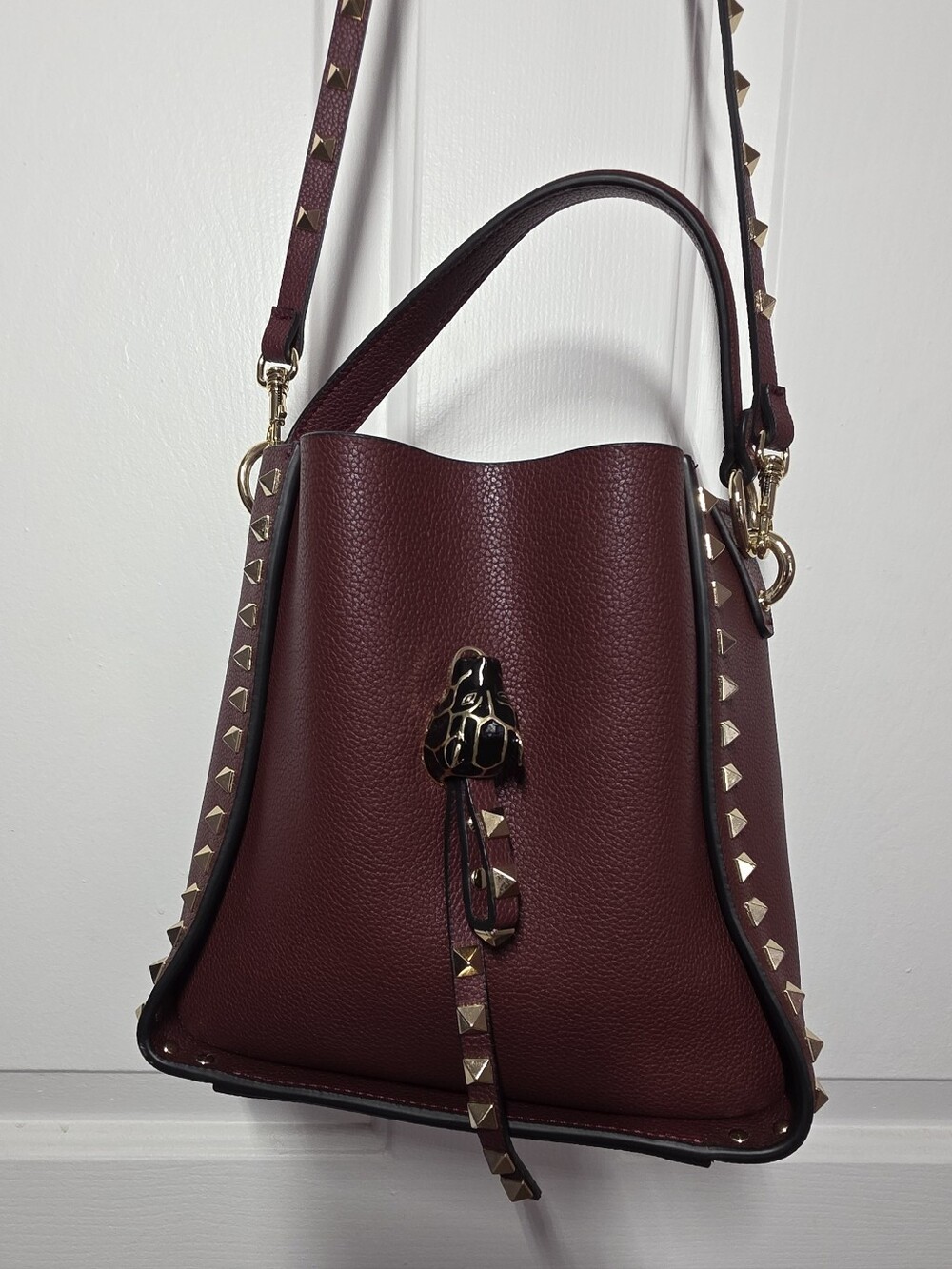 Studded Burgundy Leather Bucket Bag - Picture 7 of 16
